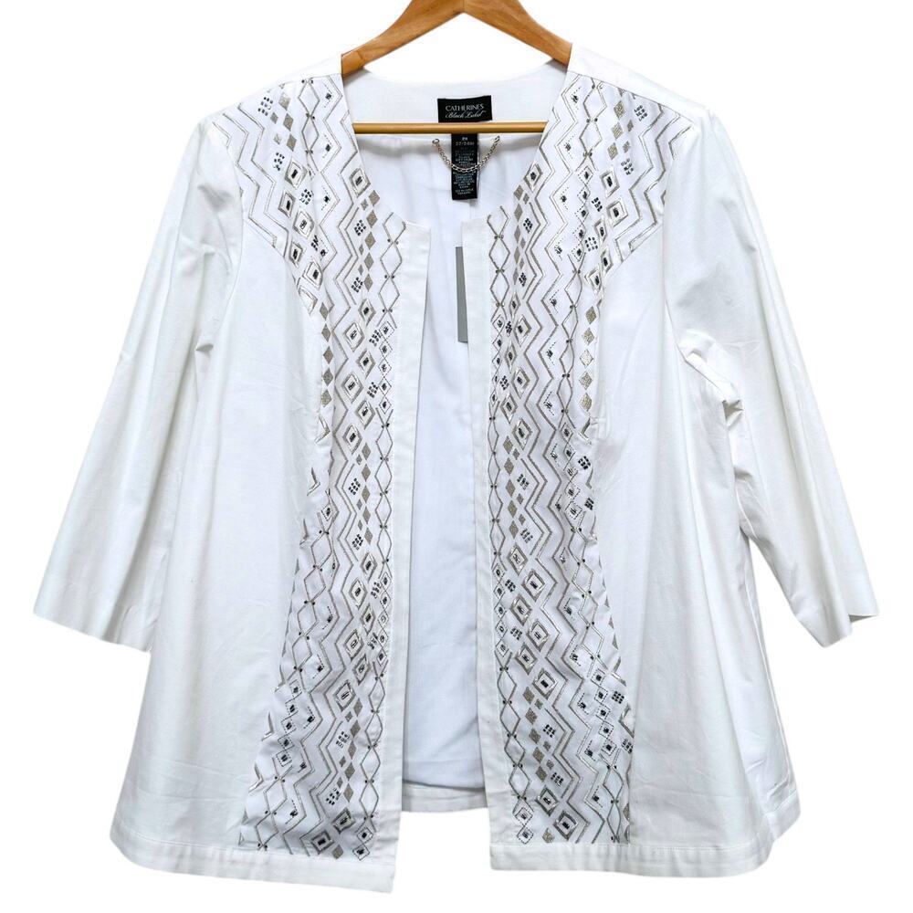 Catherine’s White Cotton Beaded Embroidered Trim Open Jacket Women’s Plus 2X NEW